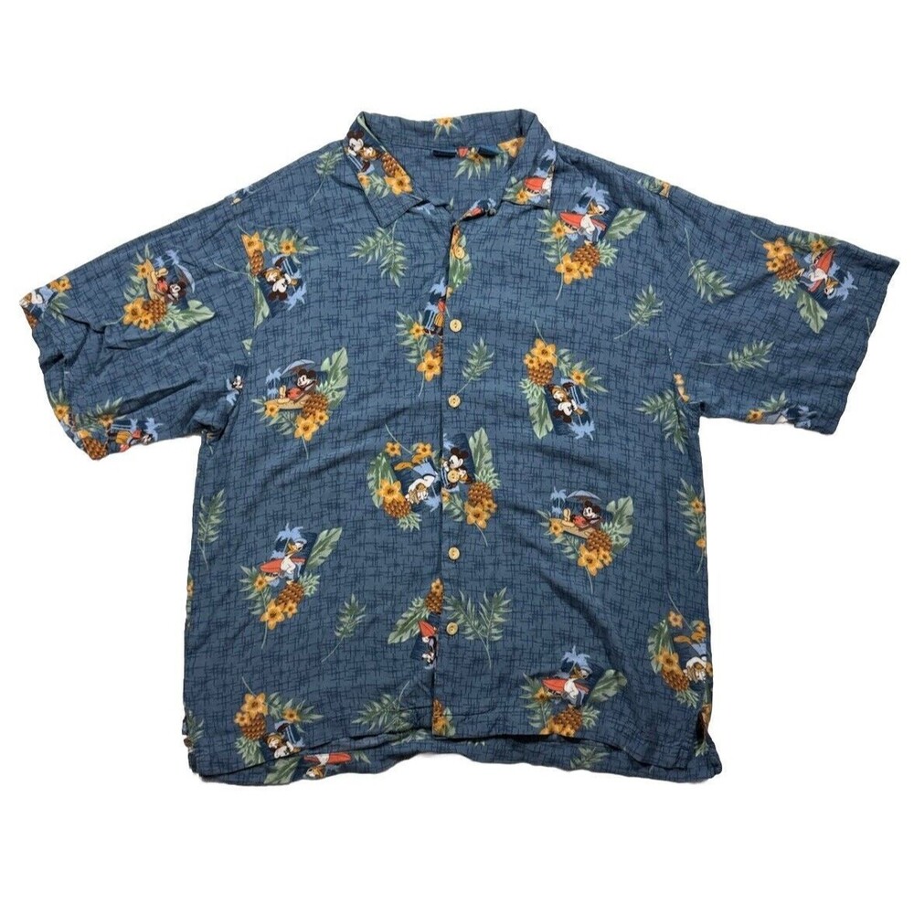 Disney Men's Sz L Hawaiian Blue Shirt Mickey, Goofy & Donald Duck At The Beach